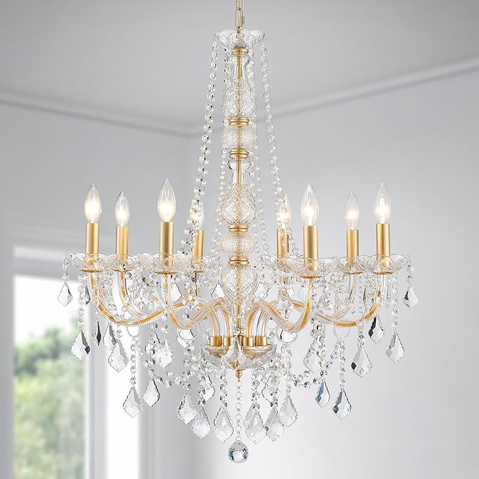 WUZUPS 8-Light Crystal Candle Chandelier Pendant Ceiling Light Modern Lighting Fixture for Bedroom Hallway Bar Kitchen Bathroom, H 35.4" W 27.6", E12 Base, Gold