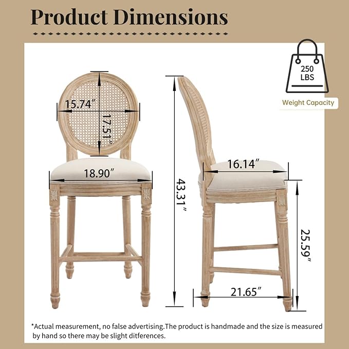 French Country Upholstered Bar Stools Set of Two, Natural Rattan Round Backrest, Solid Wood Frame with Carving and Wire Drawing Techniques, Vintage Dining Chairs for Kitchen Island (Beige A)