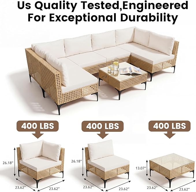 Devoko Patio Furniture Set,7 Pieces Outdoor Wicker Sectional Couch with Thick Cushions &Glass Tabletop, PE Rattan Backyard Conversation Sofa with Coffee Table for Deck, Porch