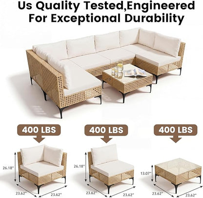 Devoko Patio Furniture Set,7 Pieces Outdoor Wicker Sectional Couch with Thick Cushions &Glass Tabletop, PE Rattan Backyard Conversation Sofa with Coffee Table for Deck, Porch