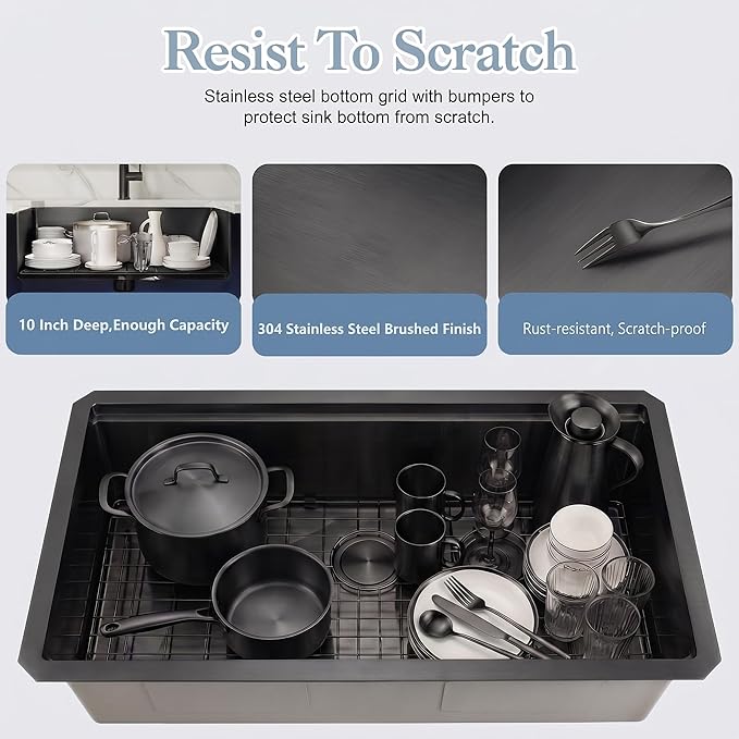 Black Undermount Kitchen Sink, 16 Gauge 304S Stainless Steel Workstation Sink with Full Set Accessories, 32" x 18" x 10" Large and Deep Single Bowl Kitchen Sinks