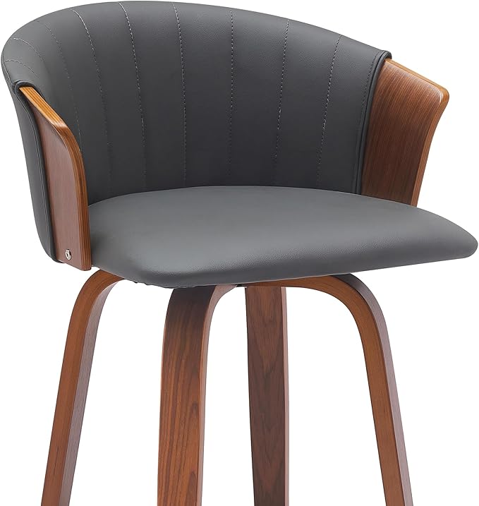 Armen Living Diana 30" Seat Height Mid Century Modern Swivel Walnut Wood Bar Stool for Kitchen Island Counter in Gray Faux Leather