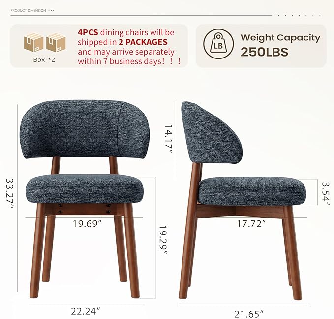 MALOL Wooden Dining Chairs Set of 4, Modern Upholstered Dining Room Chair, Fabric Kitchen Side Chairs with Curved Open Back for Living Room/Restaurant/Cafe, Dark Blue