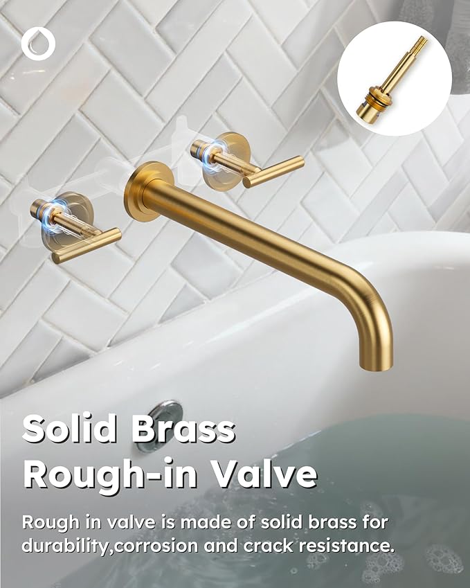 WOWOW Wall Mount Tub Filler: Gold Tub Faucet High Flow Two Handles Solid Brass, Long Spout Reach,Tub Faucet Bathroom Bathtub Faucets with 2 Handles Tub Faucets with Brass Rough in Valve Included