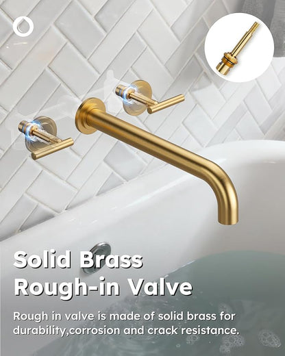 WOWOW Wall Mount Tub Filler: Gold Tub Faucet High Flow Two Handles Solid Brass, Long Spout Reach,Tub Faucet Bathroom Bathtub Faucets with 2 Handles Tub Faucets with Brass Rough in Valve Included