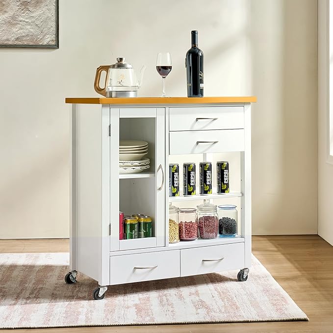 American White Oak Dining Car Table – Kitchen Island Cart with Walnut Top, Rolling Storage Cabinet with Drawers and Shelves, White Sideboard Buffet with Glass Door, Towel Bar & Locking Wheels