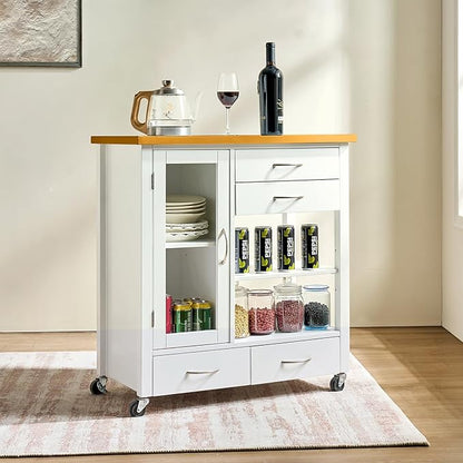 American White Oak Dining Car Table – Kitchen Island Cart with Walnut Top, Rolling Storage Cabinet with Drawers and Shelves, White Sideboard Buffet with Glass Door, Towel Bar & Locking Wheels