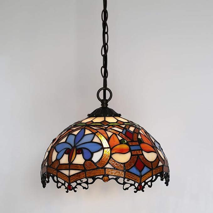 Tiffany Pendant Light Plug-in Stained Glass Hanging Lamp 12”x12”x181” Yellow Phoenix Tail Swag Light Vintage Lamp Decorative Lighting for Dining Room Living Room Kitchen Hallway