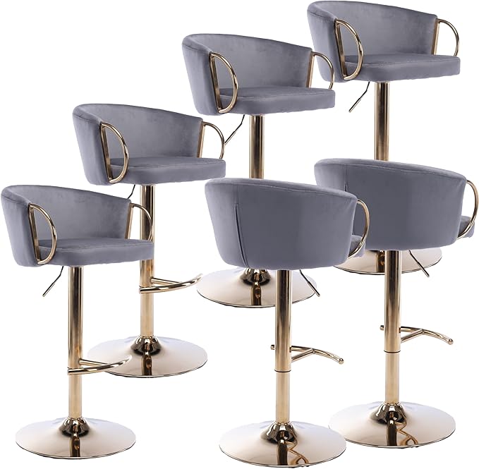 Rhomtree 24-32 Inch Swivel Bar Stools, Adjustable Counter Height Barstools with Gold Stable Metal Frame Footrest, Upholstered Bar Chairs for Home Bar Kitchen Island(Gray Set of 6)