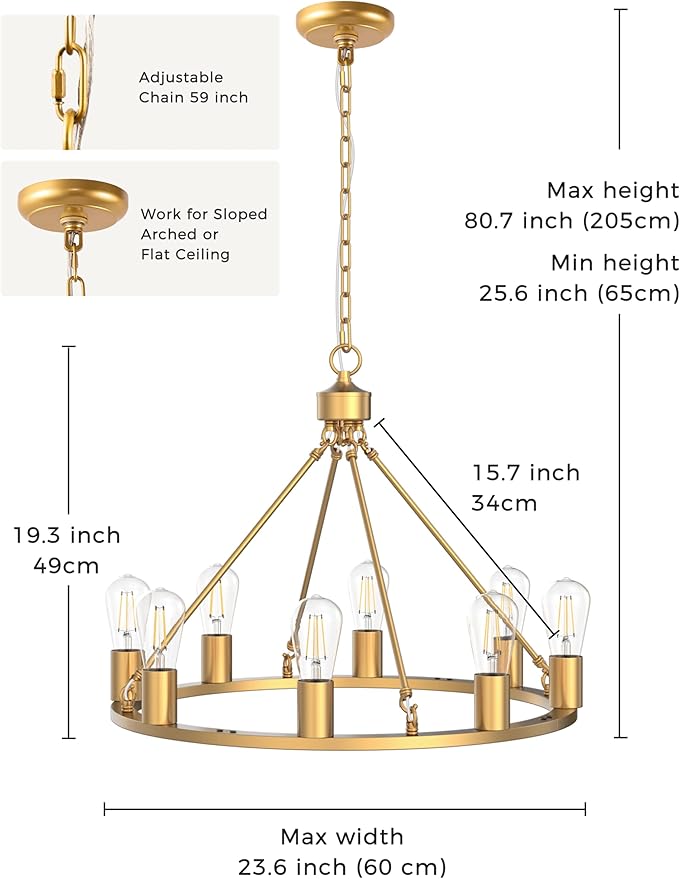L LOHAS LED Gold Farmhouse Chandeliers for Dining Room, 8-Light Wagon Wheel Chandelier Over Table, Height Adjustable, 24" Dining Room Light Fixtures, Modern Chandelier for Kitchen Island Living Room