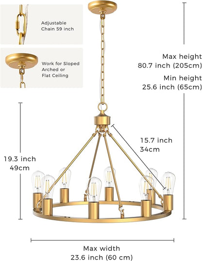 L LOHAS LED Gold Farmhouse Chandeliers for Dining Room, 8-Light Wagon Wheel Chandelier Over Table, Height Adjustable, 24" Dining Room Light Fixtures, Modern Chandelier for Kitchen Island Living Room