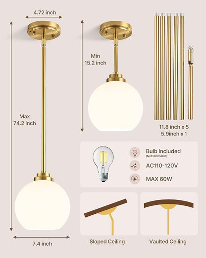 Majade Globe Pendant Lights Kitchen Island Pendant Light Fixtures 7.4 Inch Gold Mid Century Modern Brushed Brass Pendant Lighting with Milk Glass Adjustable Hanging Light Fixtures for Dining Room