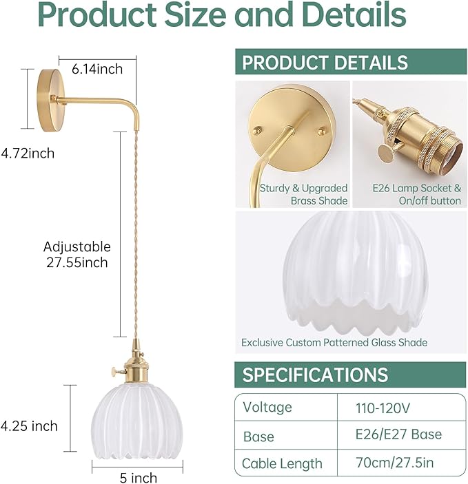 Shenmoyl Vintage Wall Sconce with White Tulip Shade Pattern Glass Adjustable Chain Retro Gold Wall Mounted Light, Modern Wall Lamp Fixtures Decor for Bedside Bedroom Indoor Doorway