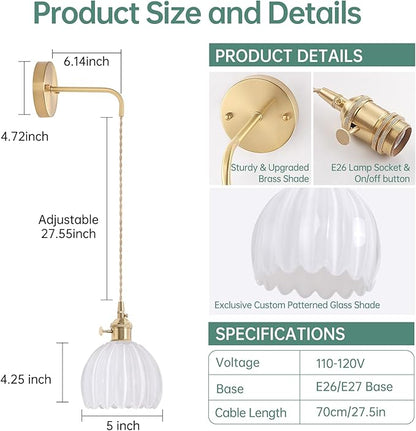 Shenmoyl Vintage Wall Sconce with White Tulip Shade Pattern Glass Adjustable Chain Retro Gold Wall Mounted Light, Modern Wall Lamp Fixtures Decor for Bedside Bedroom Indoor Doorway