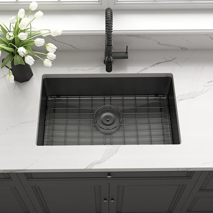 Kitsitchen Black RV Ktichen Sink, 27" x 16" x 7" Black Undermount Kitchen Sink,Stainless Steel Single Bowl Kitchen Sink with Strainer & Bottom Gird Used at RV, Outdoor and Camper
