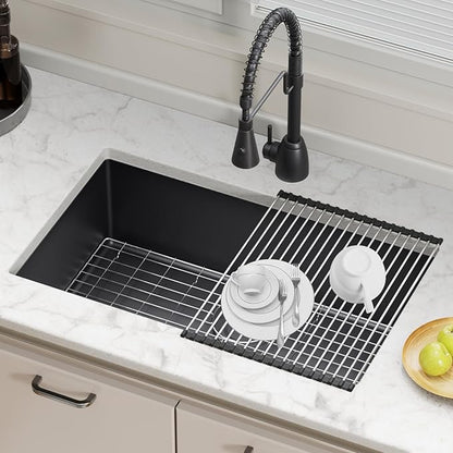 32 Inch Black Kitchen Sink Undermount - Delironexu Undermount Kitchen Sink Black, 16 Gauge Stainless Steel Sinks Single Bowl, 32''x19'' black Stainless Steel sink with 4 Accessories