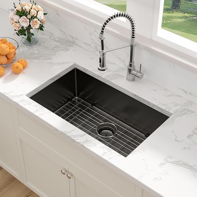 Sarlai 30 Black Undermount Kitchen Sink - 30 x 18 inch Kitchen Sink Undermount Gunmetal Black Stainless Steel 16 Gauge Single Bowl Sinks Basin