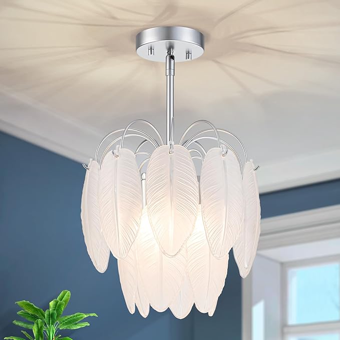 LumFurn D12 inch Glass Chandeliers, 3-Light Modern Pendant Light Fixture for Dining Room, Living Room, D12x18~47 in(Adjustable Height), White Frosted Glass Feather Shade & Silver Finish Frame