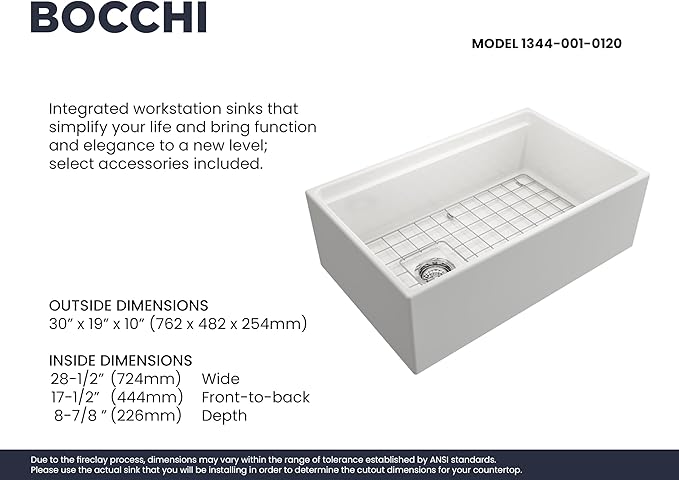 BOCCHI Contempo Workstation Apron Front Step Rim Fireclay 30 in. Single Bowl Kitchen Sink with Accessories in White
