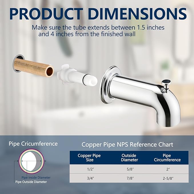 Slip-On Tub Spout with Diverter Long for Bathtub Spout, Fit for 1/2 Inch Slip Pipe, Chrome