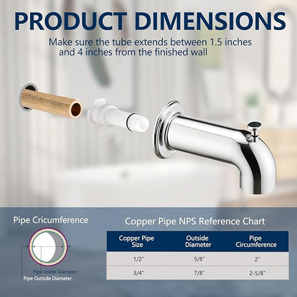 Slip-On Tub Spout with Diverter Long for Bathtub Spout, Fit for 1/2 Inch Slip Pipe, Chrome