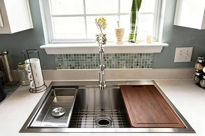 Friho 33x22 Inch Drop in Kitchen Sink, Single Bowl Workstation Handmade Farmhouse Topmount Stainless Steel Kitchen Sink with Dish Grid,Dish Drainer,Cutting Board Basket Strainer