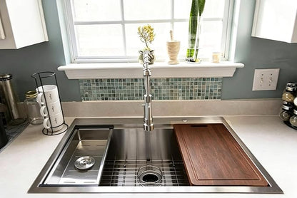 Friho 33x22 Inch Drop in Kitchen Sink, Single Bowl Workstation Handmade Farmhouse Topmount Stainless Steel Kitchen Sink with Dish Grid,Dish Drainer,Cutting Board Basket Strainer