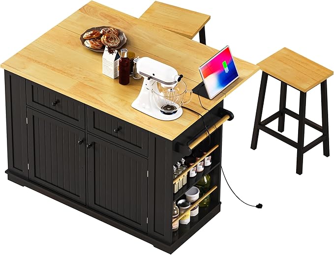 Ball & Cast Kitchen Island with 2 Bar Stools and Power Outlet,Rolling Kitchen Cart on 5 Wheels W/Drop Leaf&5 Open Side Racks,Kitchen Storage Cart W/Adjustable Shelf,for Kitchen,Dining Room,Black,48"