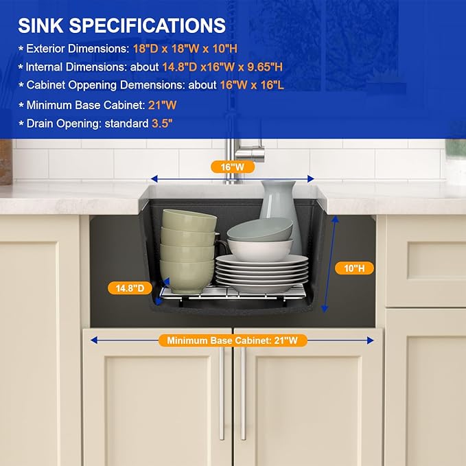 Dcolora 18 In. Black Undermount Granite Composite Bar Sink Single Bowl Workstation, Quartz Kitchen Sink, 18" x 18" x 10" #DC-GU0002BS