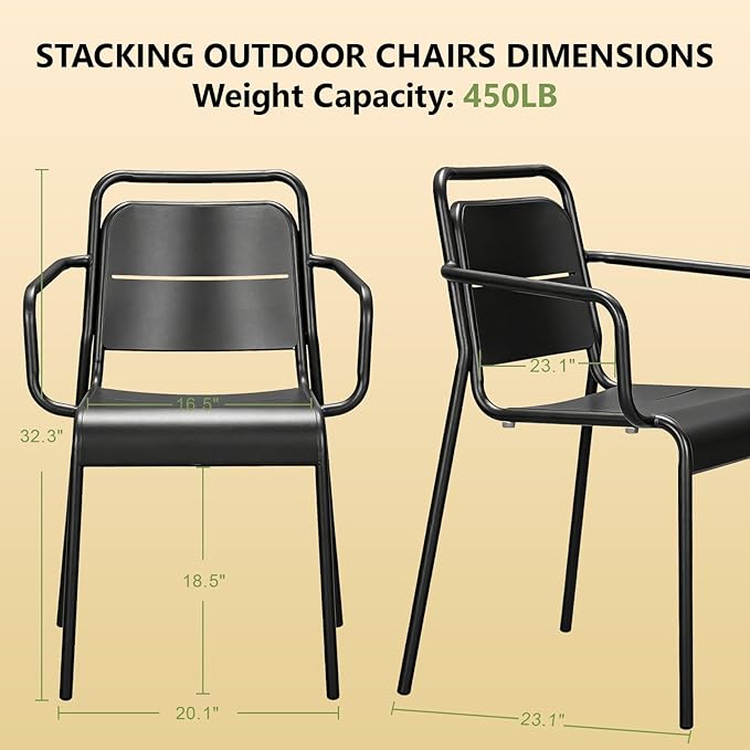 Metal Dining Chairs, Stackable Dining Chairs with Arms, Patio Dining Chairs, Porch Chairs for Deck Balcony Garden Terrace Poolside Backyard 450 lbs Capacity (Black)