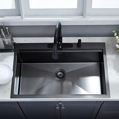 Kitchen Sink, 33 x 22 Drop in Kitchen Sink Gunmetal Black 16 Gauge Stainless Steel Kitchen Sinks Single Bowl Workstation Sink with Cutting Board