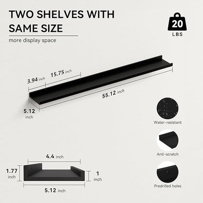 Boswillon 55.1 Inches Long Floating Shelves, 2 Set Modern Wall Shelf for Bedroom, Nursery Book Shelf with Lip, Picture Ledge Shelf for Wall Decor Living Room Bathroom Kitchen - Black