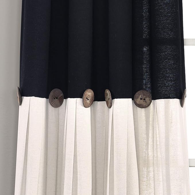 Lush Decor Linen Button Window Curtain Panel, Single, 40" W x 108" L, Black & White - Country Curtains - Rustic Decor - Color Block Modern Farmhouse Curtains For Living Room, Bedroom & Dining Room