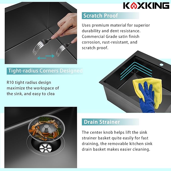 Black Kitchen Sink, 28x20 Drop-In Topmount Single Bowl, 18 Gauge T304 Stainless Steel, 9 Inch Deep, Grid & Basket Strainer
