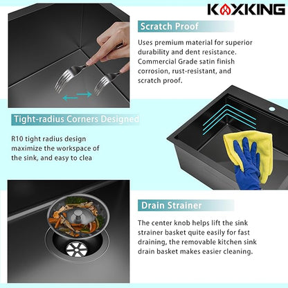 Black Kitchen Sink, 28x20 Drop-In Topmount Single Bowl, 18 Gauge T304 Stainless Steel, 9 Inch Deep, Grid & Basket Strainer