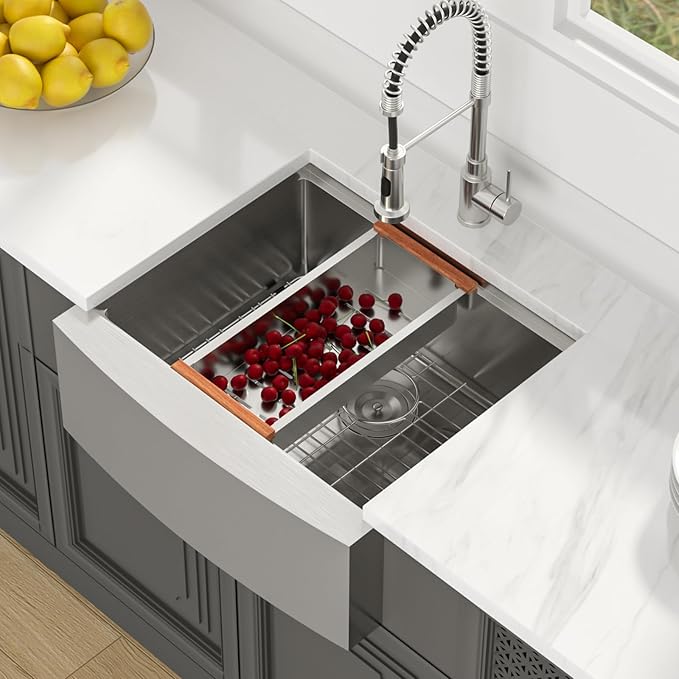 Lordear 24" Farmhouse Sink Short Apron Front Ledge Workstation 24" x 21" Farm Sink 16 Gauge Stainless Steel Single Bowl Kitchen Farm Sinks