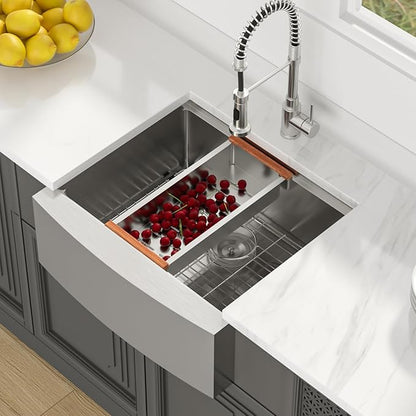 Lordear 24" Farmhouse Sink Short Apron Front Ledge Workstation 24" x 21" Farm Sink 16 Gauge Stainless Steel Single Bowl Kitchen Farm Sinks