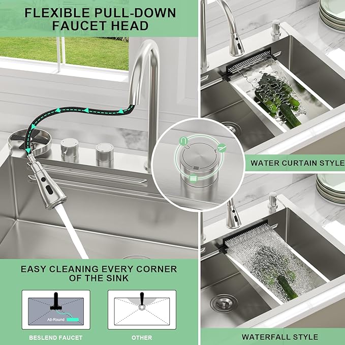33 inch Drop In Kitchen Sink - Beslend 33x22x10 Waterfall Sink with Pull-Down Faucet 16 Gauge Stainless Steel, Double Track Workstation Kitchen Sinks with Faucet Combo, Handmade Dish Basin
