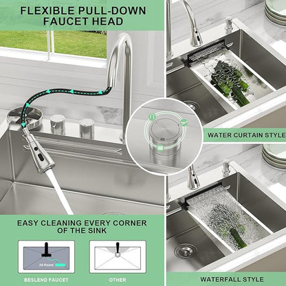 33 inch Drop In Kitchen Sink - Beslend 33x22x10 Waterfall Sink with Pull-Down Faucet 16 Gauge Stainless Steel, Double Track Workstation Kitchen Sinks with Faucet Combo, Handmade Dish Basin
