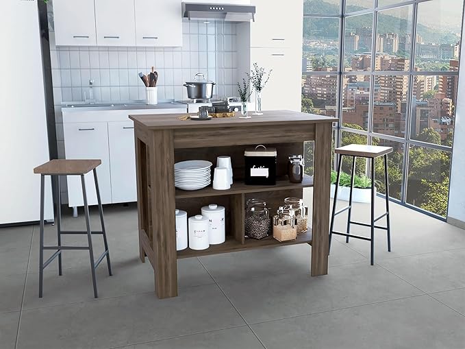 Kitchen Island Kitchen Table 35" H Four Legs with 3 Open Storage Shelves Wide Top for Meal Prep Spacious Leg Room Practical(Gray)