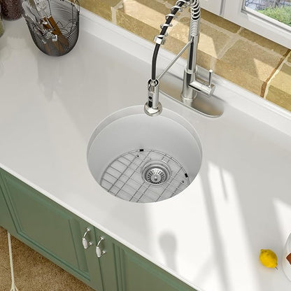 Logmey 18" Round Bar Sink White Granite Composite Quartz Undermount RV Sink Single Bowl Under Counter 9" Deep Kitchen Sinks,18x18x9 Inch