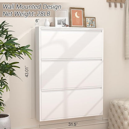 GREATMEET Slim Wall Mounted Metal Storage Cabinet with 3 Flip Drawers, Steel Hidden Shoe Cabinet Storage for Entryway, Modern Narrow Shoe Rack Organizer Cabinets for Entrance, Mudroom, Hallway, White