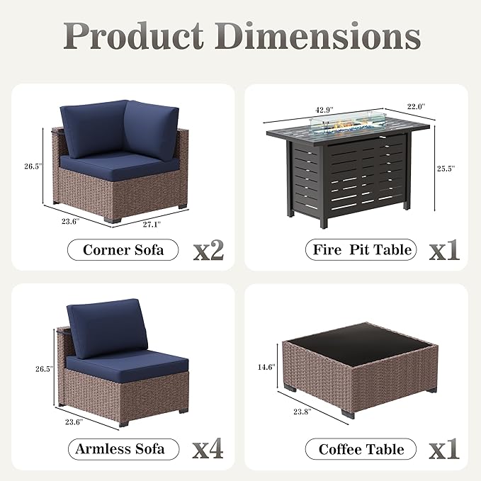 Patio Furniture Set 7 Pieces Conversation Set Wicker Outdoor Sectional Sofa,Ergonomic Armrests Couch with Cushion and Glass Table (Brown-Navy, 8 Piece-Fire Table)