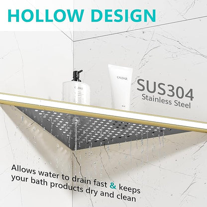 Qeke 2 Pack Bathroom Corner Shelf, Recessed 12" Corner Shower Shelf, SUS304 Stainless Steel Triangular Wall Mount, No Drilling, Brushed Golden