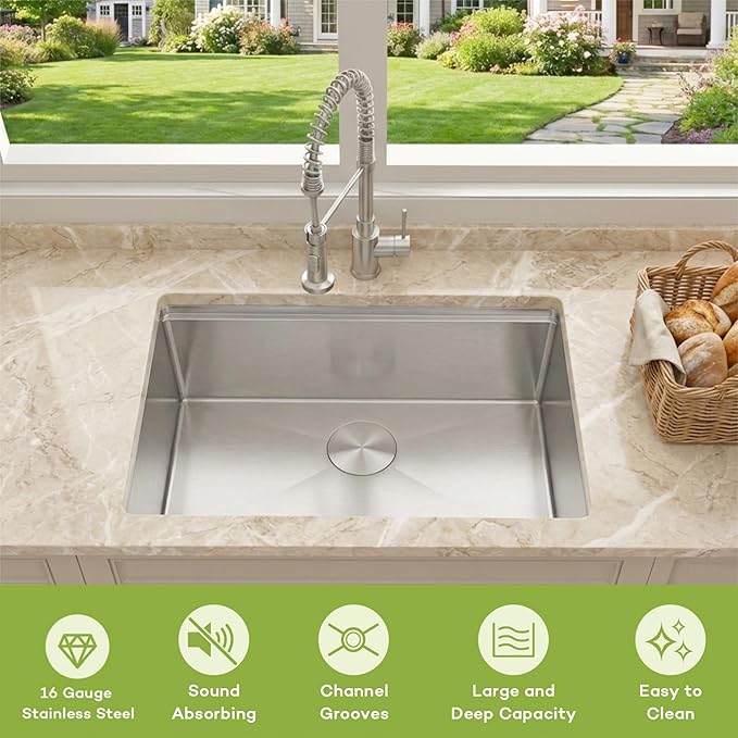 Undermount Kitchen Sink 27 inch,16 Gauge Stainless Steel Workstation Sink,Deep and Large Single Bowl Kitchen Sinks (27" X 18")