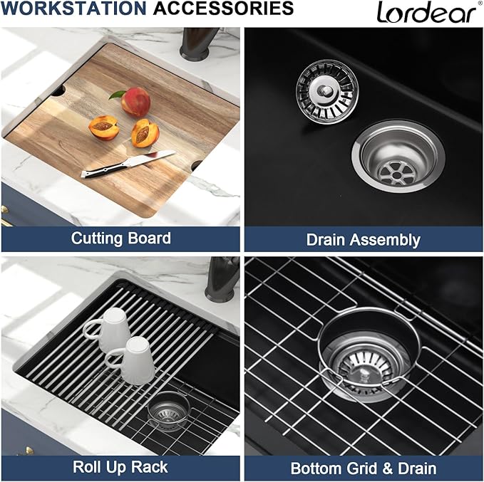 Lordear 18 Inch Undermount Granite Composite Bar Sink 18"x18" Composite Quartz Kitchen Sinks Black Single Bowl Under Counter Ledge Workstation Bar Prep RV Sink Basin