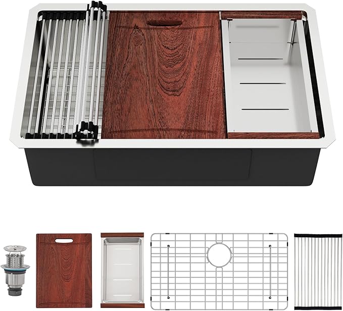 30 Inch Undermount Kitchen Sink -30x19 Undermount Ledge Workstation Sinks 16 Gauge T304 Stainless Steel Single Bowl Under Counter Kitchen Sinks Basin