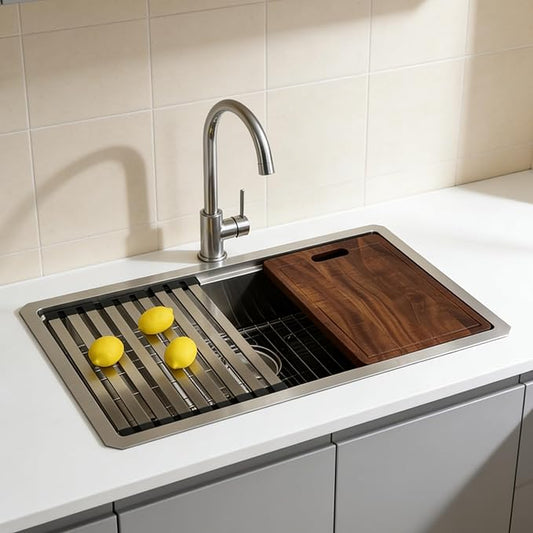 30 Inch Drop in Kitchen Sink Undermount Stainless Steel Kitchen Sinks,16 Gauge Top Mount Single Bowl Workstation Sink,Deep Handmade Kitchen Sink with Cutting Board & Strainer,Satin Nickel