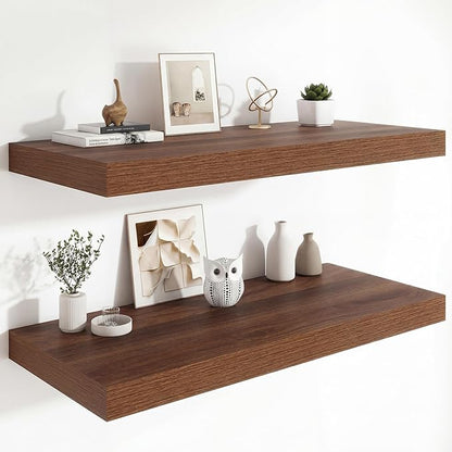 Heimlove 12" Deep Floating Shelves, 36 x 12 Inch Wall Mounted Long Floating Shelf with Invisible Brackets, for Home Decor, Bedroom, Kitchen, Living Room, Bathroom - 2 Pack, Walnut