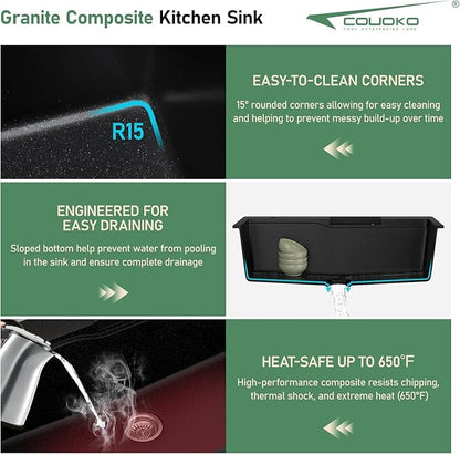 33x22 Drop In Waterfall Kitchen Sink Black Granite Composite Smart Kitchen Sink Multifunction Single Bowl Top Mount Black Multifunctional Waterfall Smart Sinks with Faucet Combo Glass Rinser